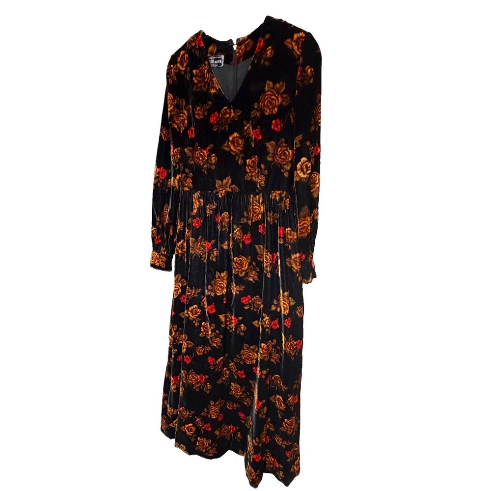 Vintage Korean Black Floral Velvet Maxi Dress Romantic Whimsigoth Gothic Boho